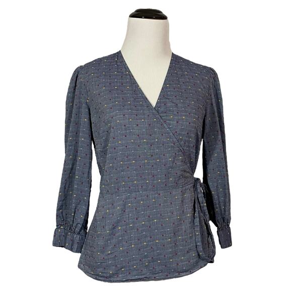 Draper James Embroidered Dot Chambray Wrap Top - Blue - 4 - Picture 1 of 15